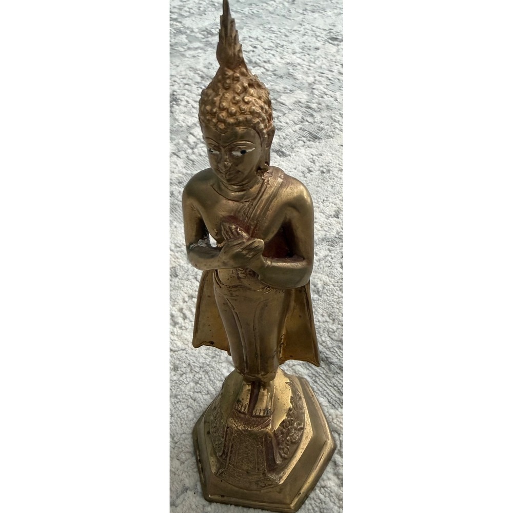 Vintage Brass Standing Buddha Statue Thai Figurine Gold Tone Decor 10.5 Inch